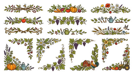 Illustration of Seasonal Organic Farming Corner Designs with Vegetables and Herbs in Flat Style