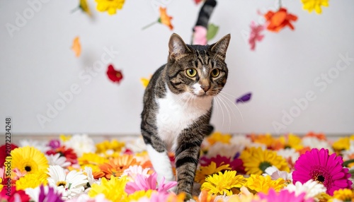 Beautiful Calico Tabby Cat Lying Down and Surrounded by Colorful Gerbera Flowers