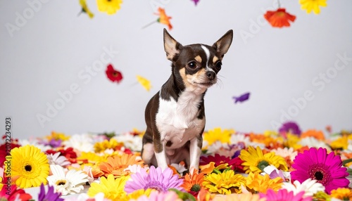 Adorable Fawn Chihuahua Puppy Sitting on a Rug Surrounded by Colorful Flowers