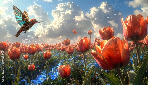 Beautiful Hummingbird Flying Over a Vibrant Field of Red Tulips and Blue Wildflowers Under a Cloudy Sky