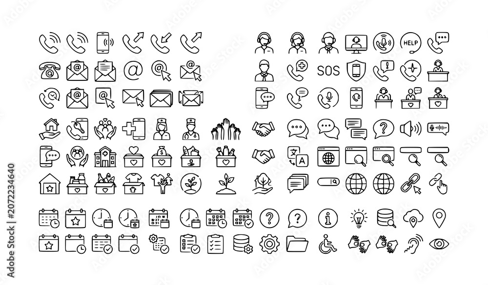 Fototapeta premium Volunteering and Charity Contact Icons Collection with Phone Chat Email and Support Line Symbols