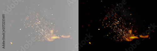 Obraz na plátně Abstract fiery sparks and embers overlay, twin glowing campfire particles on black and grey background wide banner
