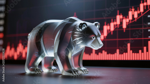 Bear Market Concept with Glass Bear Sculpture and Falling Stock Charts
