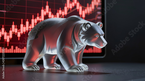 Bear Market Concept with Glass Bear Sculpture and Falling Stock Charts