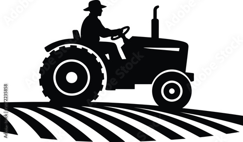 Silhouette of a farmer driving a tractor in field vector illustration