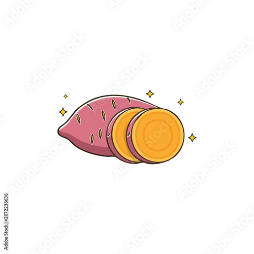 Flat cartoon illustration of a purple sweet potato with orange slices and stars isolated on white