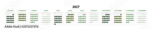 Tableau sur toile English 2027 Horizontal Linear Grid Zero Waste Lifestyle Annual Calendar Botanical Grid (Compatible with 2038 and 2049)
