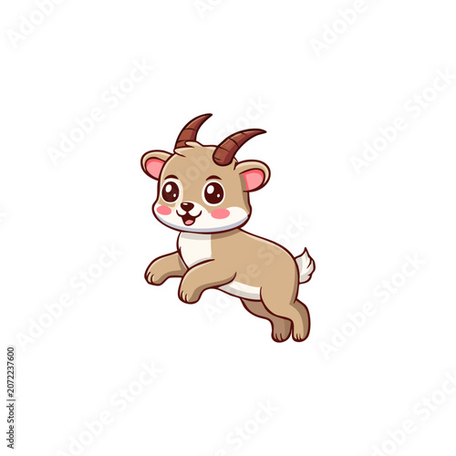 Cute Cartoon Baby Goat Illustration Leaping Happily on White Background, Adorable Little Kid Animal Character Vector