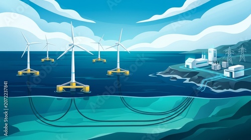 Offshore Floating Wind Turbines Connected by Underwater Cables to Coastal Power Plant and Energy Grid