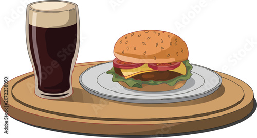 Konstfotografi Burger and pint of dark beer vector illustration.