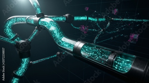 Abstract AI data stream background with glowing teal particle tunnels, magenta highlights, panoramic sci-fi composition, ultra-realistic depth.