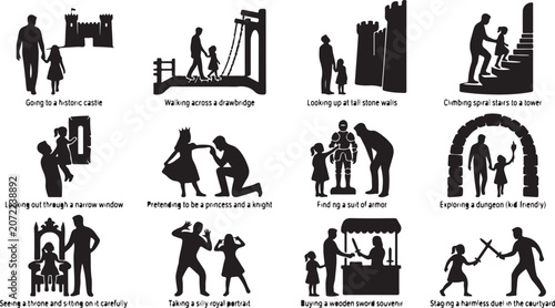 Tableau sur toile Set of silhouette icons depicting a father and daughter visiting a historic cast
