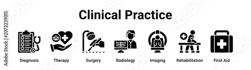 Foto Clinical Practice web banner icon vector illustration concept for medical with icon of Diagnosis, Therapy, Surgery, Radiology, Imaging, Rehabilitation
