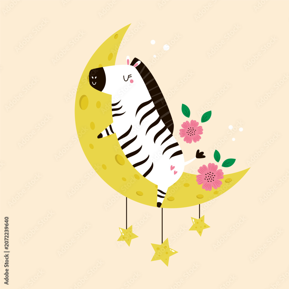 Obraz premium Cute zebra sleeping on a crescent moon with pink flowers and stars