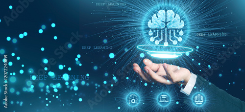 Deep learning artificial intelligence concept with neural network brain, machine learning algorithms, smart automation and futuristic digital technology visualization.