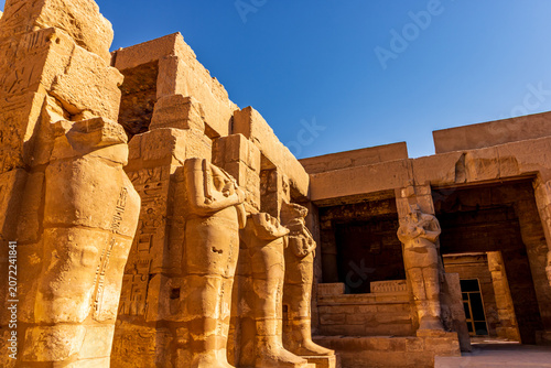 Columns with hieroglyphs inside the temple of Karnak, the great sanctuary of Amun. Egypt