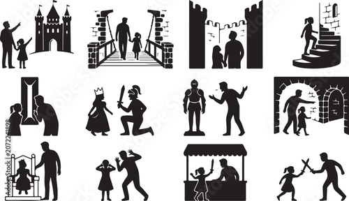 Photos Set of vector silhouettes depicting a father and daughter visiting a medieval ca
