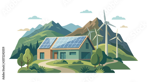 Eco-friendly house with solar panels and wind turbines in a green landscape