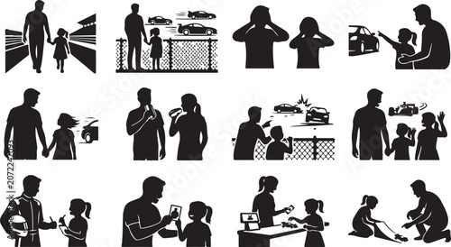 Photos Set of vector icons depicting a father and daughter enjoying a day at a car raci