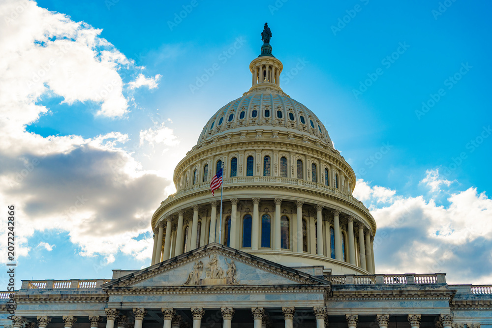 Naklejka premium Washington State Capitol. United states Capitol. The Capitol building in Washington. Architecture view on dome with column. Famous Capitol in Washington DC. Senate and House in Washington DC