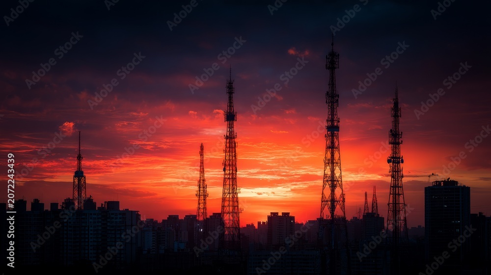 Fototapeta premium Sunset skyline with silhouetted communication towers. AI generated