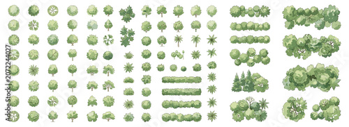 Green Watercolor Tree Canopy Set in Top View for Landscape Architecture Plans, Garden Layouts, Site Maps, Urban Parks and Environmental Design Vector Illustration