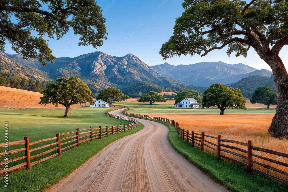 Fototapeta premium Sun-drenched country lane leading to white farmhouses framed by oak trees and distant mountains