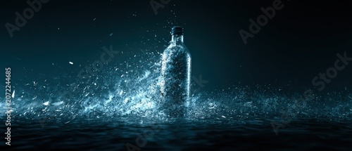 Bottle disintegrating into particles futuristic concept