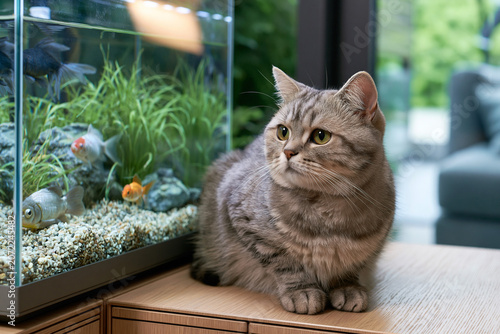 Cat sits beside fish tank with colorful fish during sunny afternoon