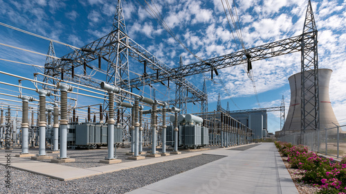 Power station with cooling towers and transmission lines under blue sky