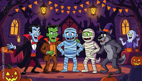 Halloween monsters party with classic cartoon characters