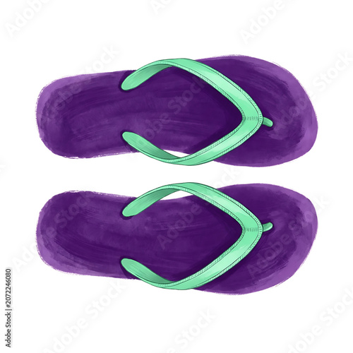Pair of purple flip flops with mint green straps isolated on transparent background