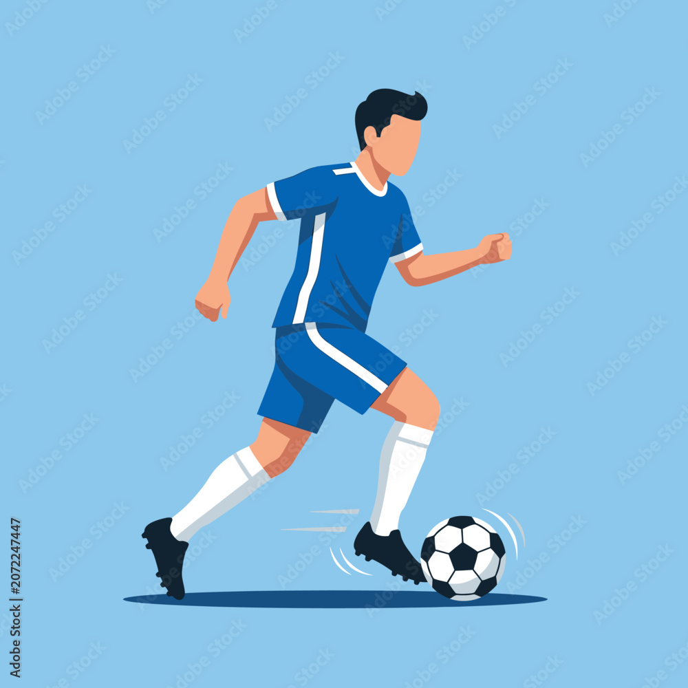 Obraz premium Dynamic male soccer player in a blue uniform actively dribbling a football during a game. Flat vector illustration of a sports action.