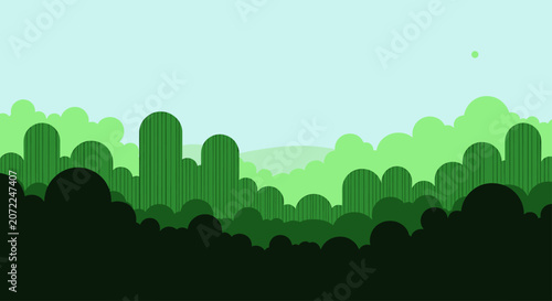 Minimalist green forest landscape illustration with layered trees and hills. Flat design vector nature background, stylized woodland scene.