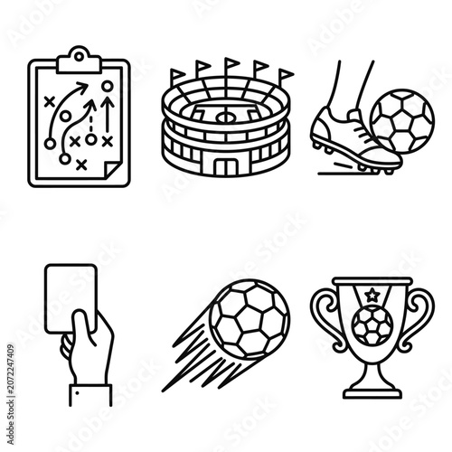 Soccer and Football Line Icons Set: Tactics, Stadium, Kick, Red Card, Ball in Motion, and Trophy - Vector Illustration
