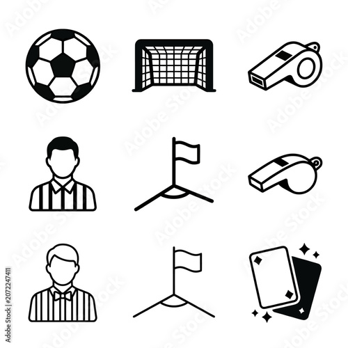 Soccer Football and Playing Card Icons Set - Game Elements, Referee, Corner Flag, Whistle, and Poker Cards Vector