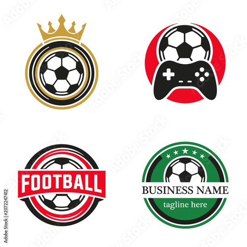 Vector collection of football and soccer sport emblems, badges, and logos with ball, crown, and game controller elements for gaming and teams.