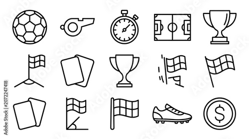 Collection of soccer and football line art icons. Includes ball, whistle, stopwatch, field, trophy, referee cards, flags, and boot.