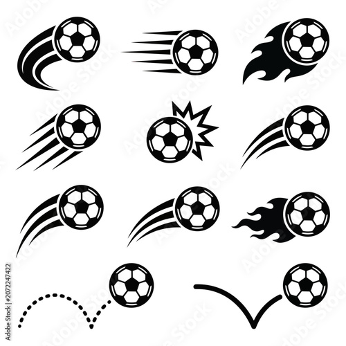 Dynamic soccer ball motion icons set with speed trails, bounce, and impact effects. Football vector silhouettes for sports design.
