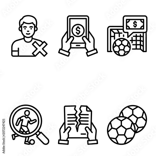 Sports Business Line Icons: Soccer, Mobile Payment, Player Scouting, Contract Termination, and Exclusion Concepts