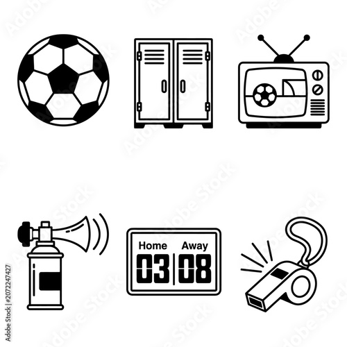 Vector Black and White Sports Icons Set with Football, Whistle, Scoreboard, Locker, TV, and Air Horn Graphic Elements