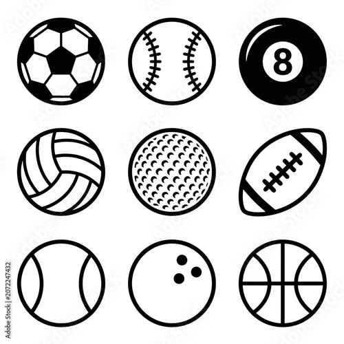 Generic Sport Balls Outline Icons Set. Vector illustration of athletic game equipment for soccer, baseball, golf, tennis, basketball, and more.