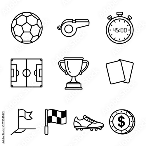 Soccer Game Line Art Icons Set. Football Sport Elements Collection with Ball, Whistle, Field, Trophy, Cards, Cleats, and Flags.