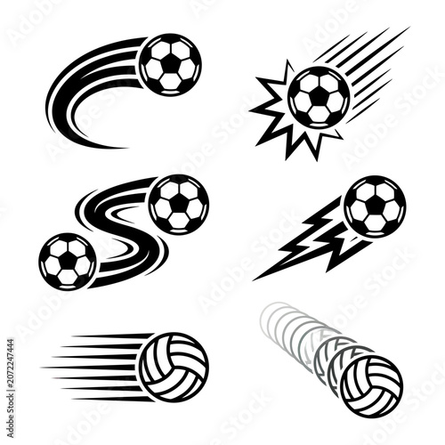 Dynamic Soccer and Volleyball Balls with Speed Trails Vector Set. Graphic Sports Motion Elements in Black and White.