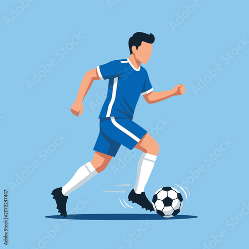 Dynamic male soccer player in a blue uniform actively dribbling a football during a game. Flat vector illustration of a sports action.