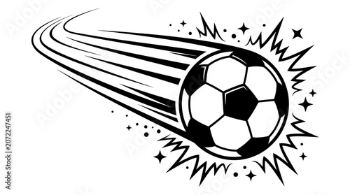 Dynamic soccer ball vector illustration with speed lines and starburst effect, black and white football in motion.