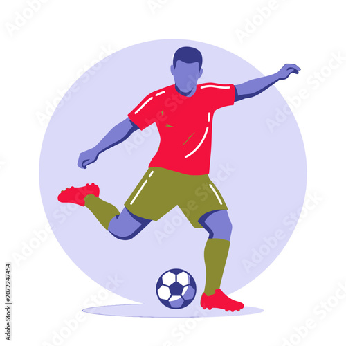 Vector illustration of a male soccer player in a red shirt and green shorts kicking a football on a sports field during a game.