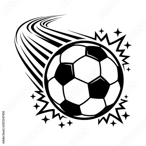 Dynamic Black and White Illustration of a Soccer Ball in Fast Motion with Speed Lines and Starbursts, Sports Game Concept