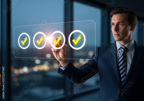 Businessman marking checklist with glowing checkmarks on a digital screen during evening urban twilight