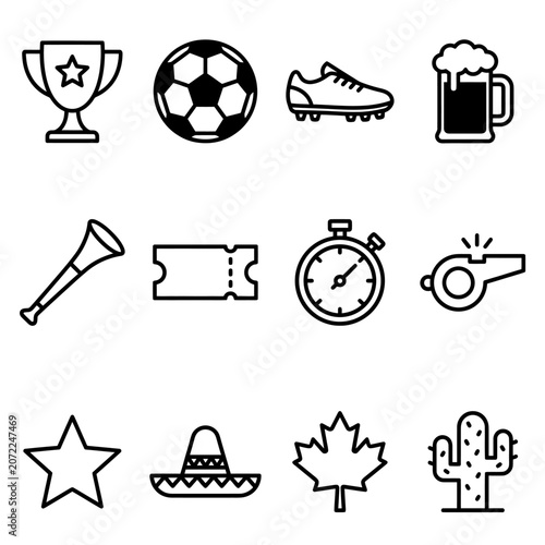 Soccer Football Sports Game Vector Line Icons Set. Trophy, Ball, Cleats, Beer, Horn, Ticket, Stopwatch, Whistle, Sombrero, Maple Leaf, Cactus.